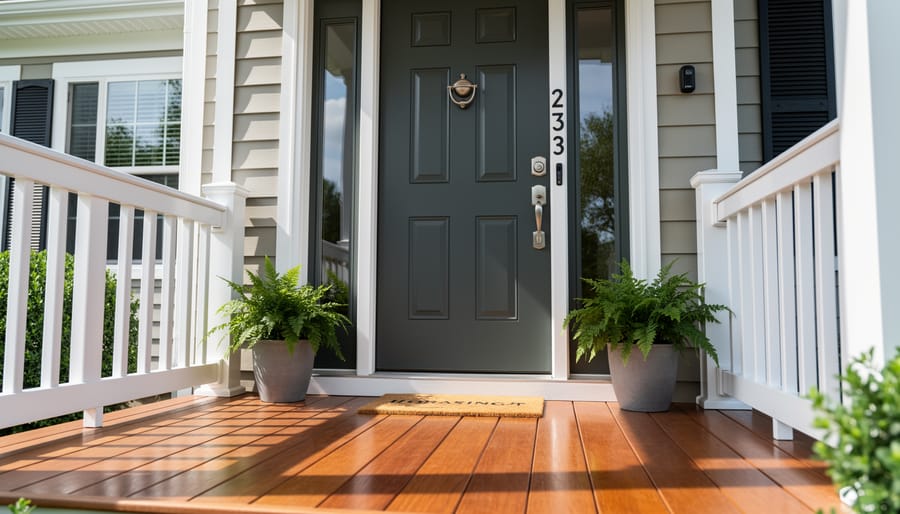 Freshly sealed front porch railing and steps with improved curb appeal