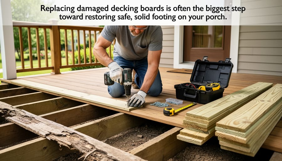 Gloved hands installing new porch decking boards with corrosion-resistant screws