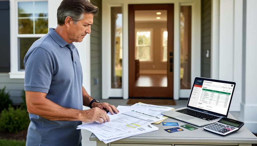 Homeowner holding renovation paperwork near the front door in a bright entryway