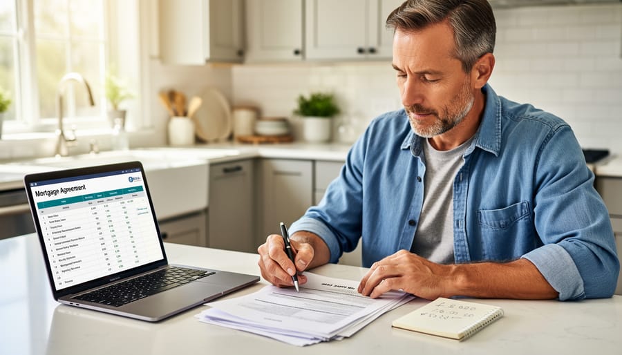 Canadian homeowner reviewing mortgage documents and calculator at a kitchen table with house keys nearby