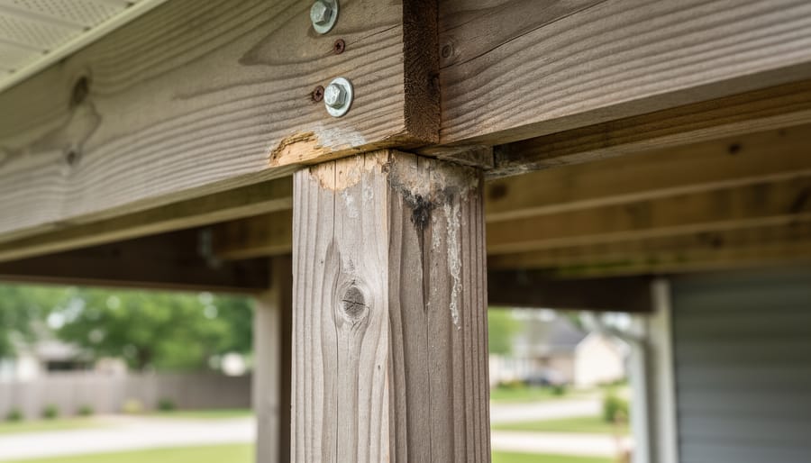 Porch support post base and joist ends showing visible cracking and possible rot