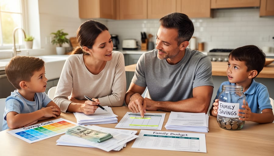A family at a kitchen table reviewing bills and financial planning documents