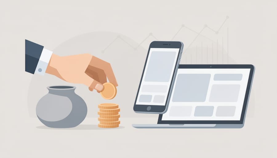 Close-up of hands putting coins into a glass savings jar next to a smartphone