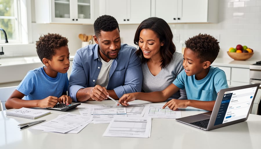 A family reviews bills and money planning documents at a kitchen table with a calculator and notebook.