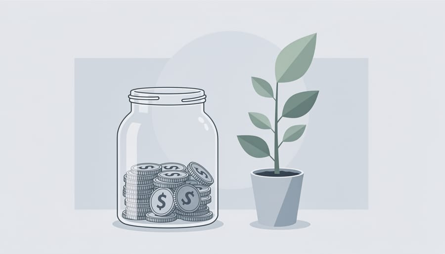 A glass coin jar on a windowsill next to a potted plant symbolizes saving and growth.