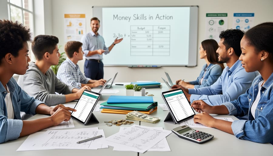 Participants in a workshop use tablets and worksheets while a facilitator guides financial learning.